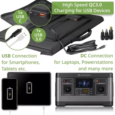 BRESSER Mobiles Solar-Ladegerät 120 Watt mit USB- u. DC-Anschluss