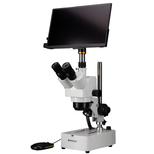 BRESSER Advance ICD 10x-160x Zoom-Stereomikroskop mit MikroCam MINI Full HD HDMI Mikroskopkamera und Full HD MINI HDMI Display (13.3")
